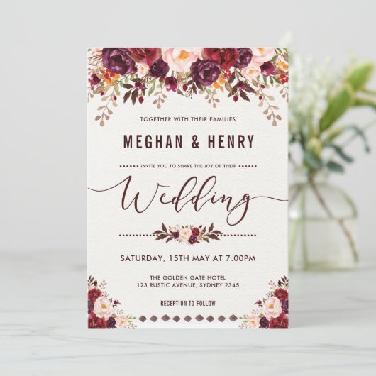 Rustieke Boho Bloemen Huwelijksuitnodiging Shabby  Kaart (Staand voorkant)