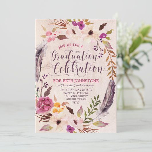 Rustieke Boho Bloemen Krans Afstuderen Uitnodiging (Staand voorkant)