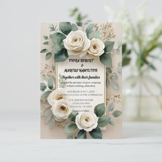 Rustieke Boho Bloemen Witte Rozen & Beige Linnen Save The Date (Staand voorkant)
