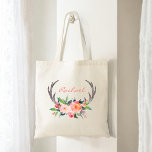 Rustieke Boho Bloemengewei met naam Tote Bag<br><div class="desc">Een rustiek boho geïnspireerd ontwerp met hertengewei verfraaid met een boeket van roze en perzik waterverf bloemen. Voeg jouw namen of andere gewenste tekst in in plaats van de weergegeven voorbeeldnaam. U kunt de tekst ook verwijderen als u dit item liever niet gebruikt.</div>