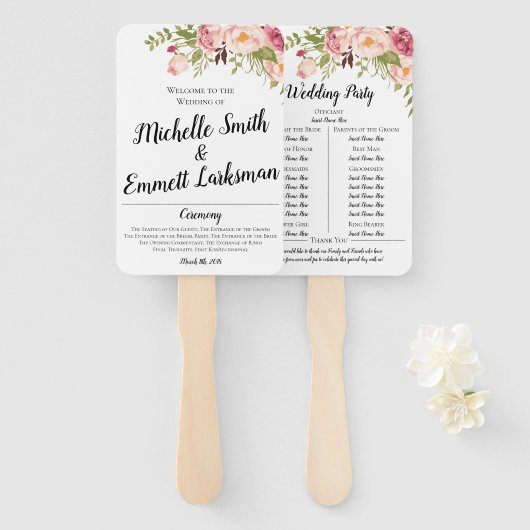 Rustieke Boho bloemenscript bruiloft ceremonie bes Handwaaier (Voorkant en achterkant)