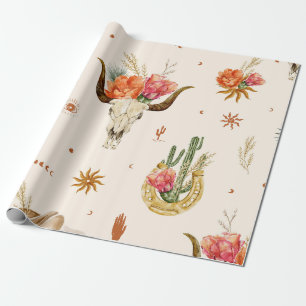 Rustieke Boho Bloemrijke Koeien schedel en Western Cadeaupapier