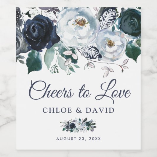 Rustieke Boho Blue Bloemen Proost op Liefde Wijn Etiket (Enkel label)