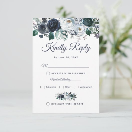 Rustieke Boho Blue Bloemenbruiloft RSVP met Menu (Staand voorkant)