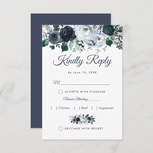 Rustieke Boho Blue Bloemenbruiloft RSVP met Menu (Voorkant / Achterkant)