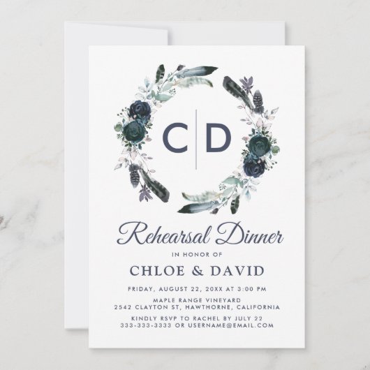 Rustieke Boho Blue Floral repetitie diner Kaart (Voorkant)