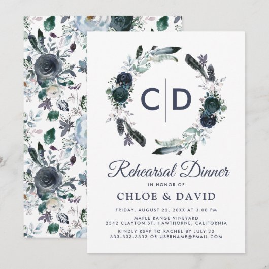 Rustieke Boho Blue Floral repetitie diner Kaart (Voorkant / Achterkant)