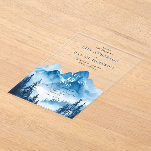 Rustieke Boho Blue Waterverf Mountain Wedding Acryl Uitnodigingen (Laagn)