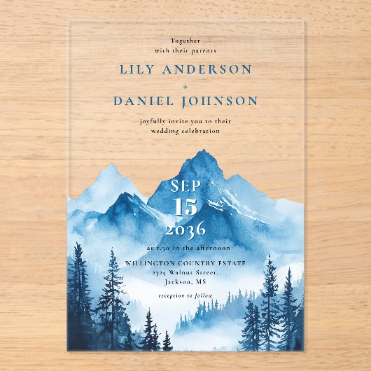 Rustieke Boho Blue Waterverf Mountain Wedding Acryl Uitnodigingen (Voorkant)