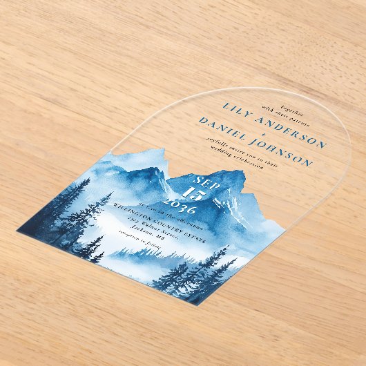 Rustieke Boho Blue Waterverf Mountain Wedding Acryl Uitnodigingen (Laagn)