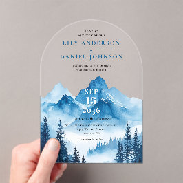 Rustieke Boho Blue Waterverf Mountain Wedding Acryl Uitnodigingen