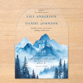 Rustieke Boho Blue Waterverf Mountain Wedding Acryl Uitnodigingen (Voorkant)