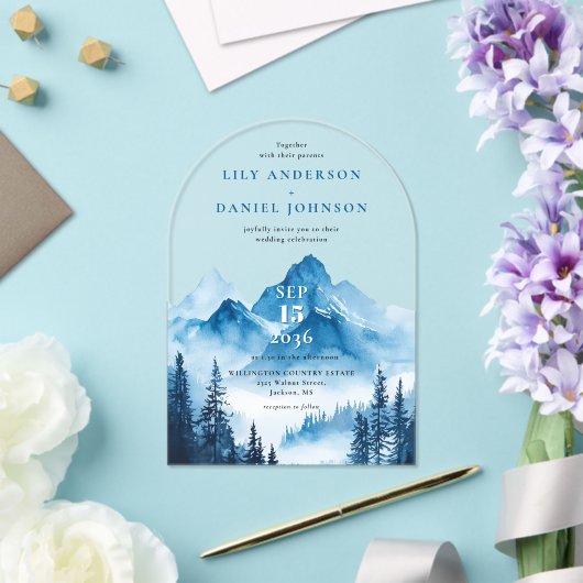 Rustieke Boho Blue Waterverf Mountain Wedding Acryl Uitnodigingen (Insitu (Huwelijk))