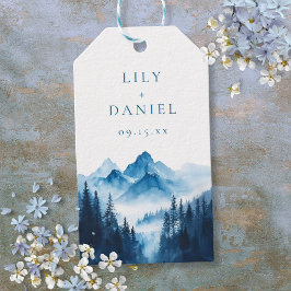 Rustieke Boho Blue Waterverf Mountains bruiloft Cadeaulabel