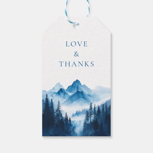 Rustieke Boho Blue Waterverf Mountains bruiloft Cadeaulabel (Achterkant)