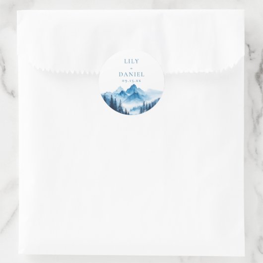 Rustieke Boho Blue Waterverf Mountains bruiloft Ronde Sticker (Tas)