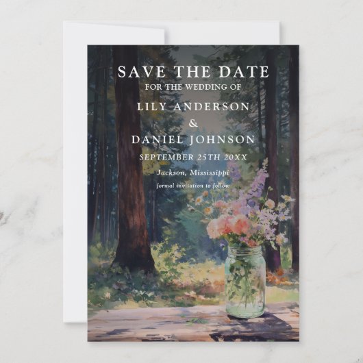 Rustieke Boho Bos Bloemstuk Metselaarsvaas Bruilof Save The Date (Voorkant)