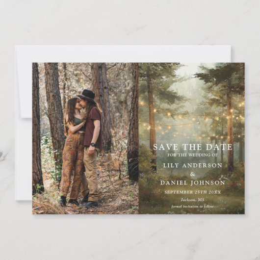 Rustieke Boho Bos Slingerlichten Huwelijksfoto Save The Date (Voorkant)