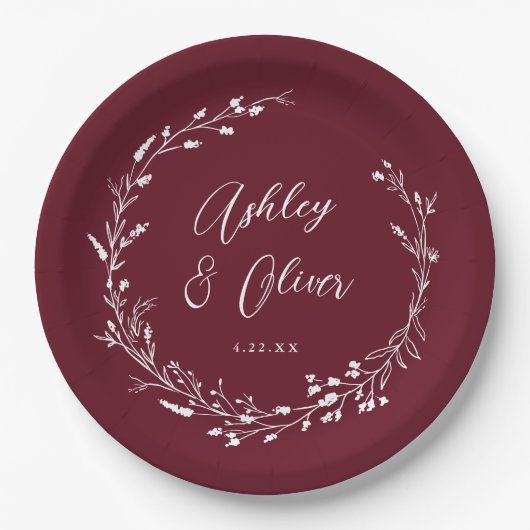 Rustieke Boho Bourgogne Wildflower Botanische brui Papieren Bordje (Voorkant)