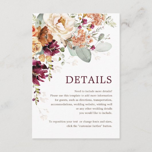 Rustieke Boho Bourgondië Bloemen Trouwdetails Informatiekaartje (Voorkant)
