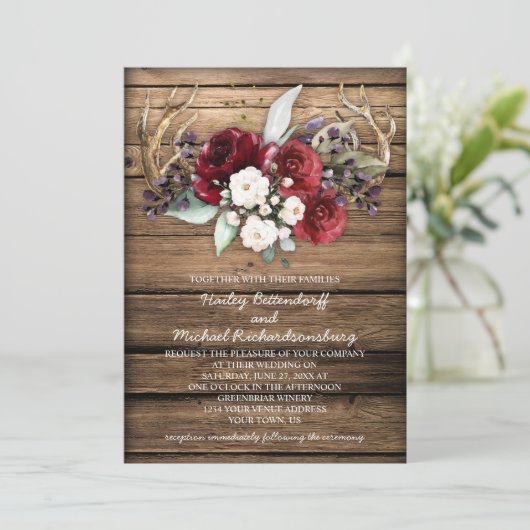 Rustieke Boho Bourgondië & Witte Rozen gewei bruil Kaart (Staand voorkant)