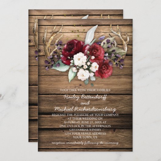 Rustieke Boho Bourgondië & Witte Rozen gewei bruil Kaart (Voorkant / Achterkant)