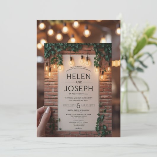 Rustieke Boho Brick Wall & String Lights Wedding I Kaart (Staand voorkant)