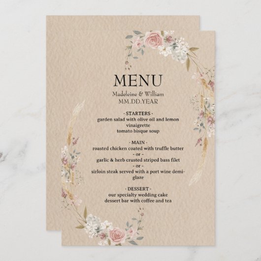  rustieke boho bruiloft menu (Voorkant / Achterkant)