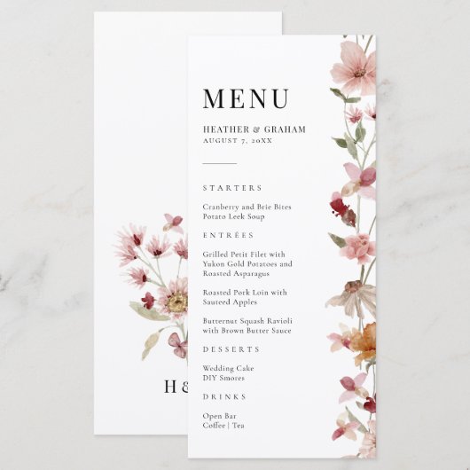 Rustieke Boho Bruiloftsmenu Menu (Voorkant / Achterkant)