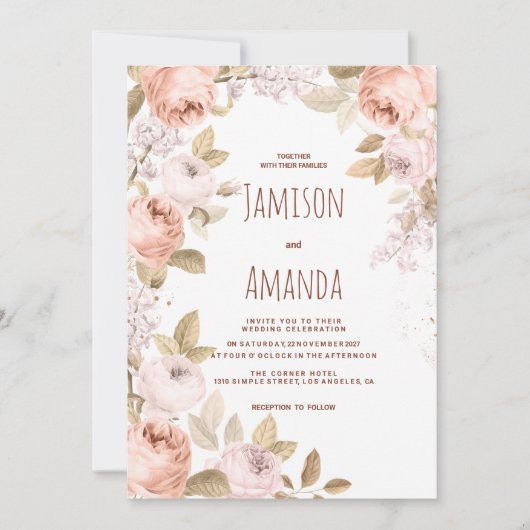 Rustieke boho bruin koraal mauve roze bloemen brui kaart (Voorkant)