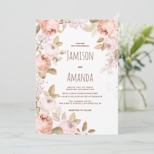 Rustieke boho bruin koraal mauve roze bloemen brui kaart (Staand voorkant)