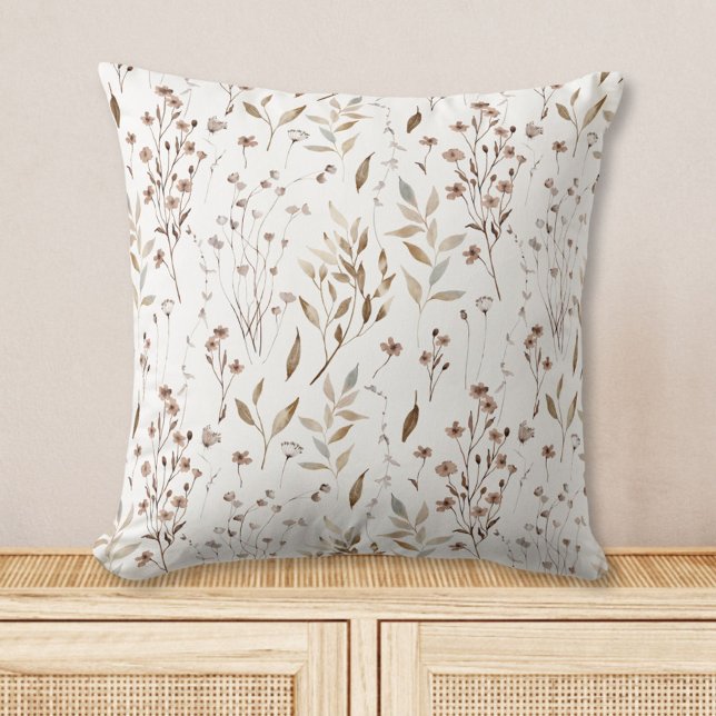 Rustieke Boho Bruine Mooie Bloemen Bladeren Patroo Kussen (In situ)