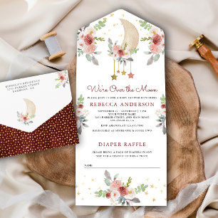 Rustieke Boho Burgundy Bloemen Sterren Maan Baby S All In One Uitnodiging