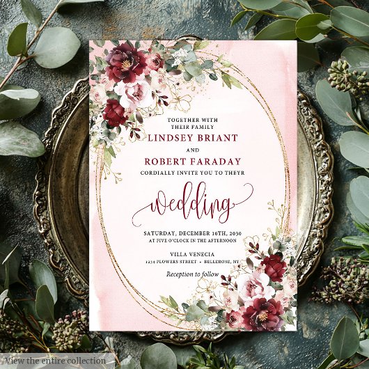 Rustieke Boho Burgundy Blush Gouden Bloemen Uitnod Kaart
