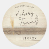Rustieke Boho Burlap Hout Pampass Grass Wedding Ronde Sticker (Voorkant)