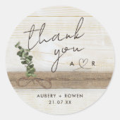 Rustieke Boho Burlap Wood Eucalyptus Bedankt Ronde Sticker (Voorkant)