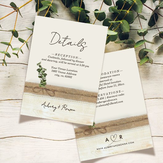 Rustieke Boho Burlap Wood Eucalyptus Wedding Detai Informatiekaartje