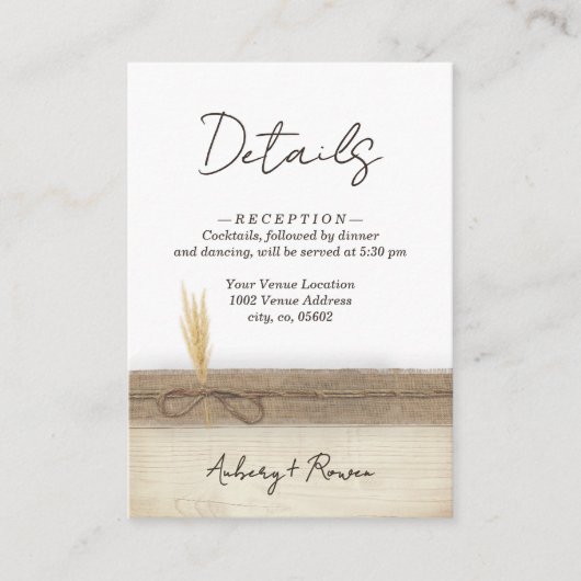 Rustieke Boho Burlap Wood Pampass Wedding Details Informatiekaartje (Voorkant)