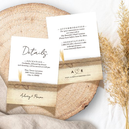 Rustieke Boho Burlap Wood Pampass Wedding Details Informatiekaartje