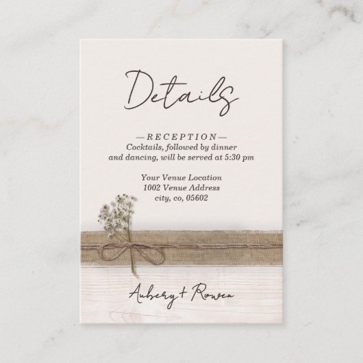Rustieke Boho Burlap Wood Wildflower Wedding Detai Informatiekaartje (Voorkant)