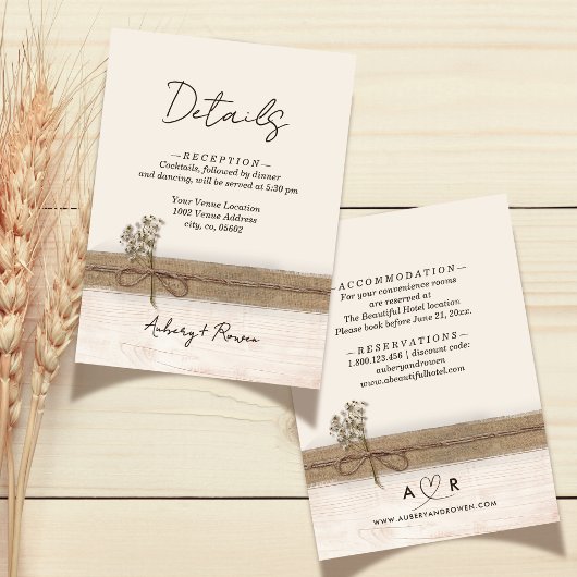 Rustieke Boho Burlap Wood Wildflower Wedding Detai Informatiekaartje
