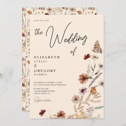 Rustieke Boho Butterfly Herfst Wildflower Wedding Kaart (Voorkant / Achterkant)