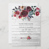 Rustieke Boho Chic Burgundy en Navy Bloemige Bruil Save The Date (Voorkant)