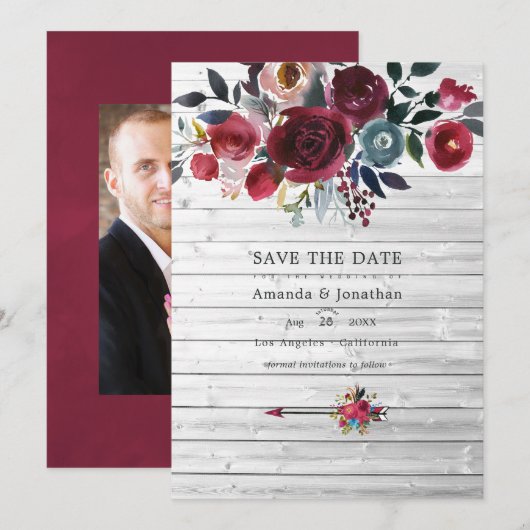 Rustieke Boho Chic Burgundy en Navy Bloemige Bruil Save The Date (Voorkant / Achterkant)