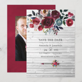 Rustieke Boho Chic Burgundy en Navy Bloemige Bruil Save The Date