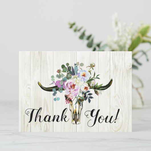 Rustieke Boho Chic Floral Longhorn schedel Dank u Bedankkaart (Staand voorkant)