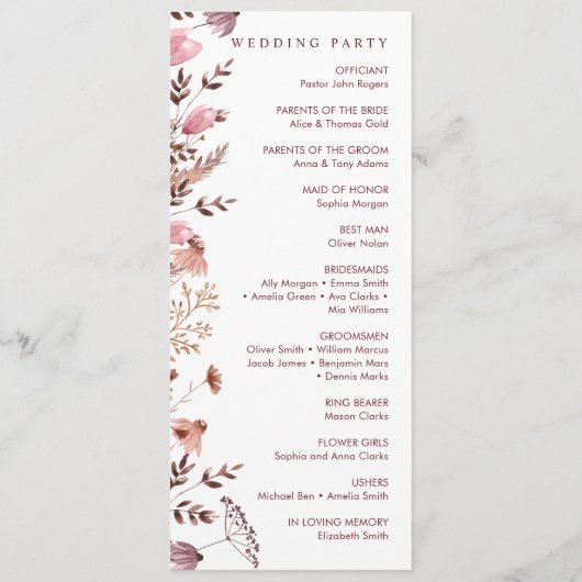 Rustieke Boho Chic Herfst Wildflowers Floral Weddi Programmakaart (Achterkant)