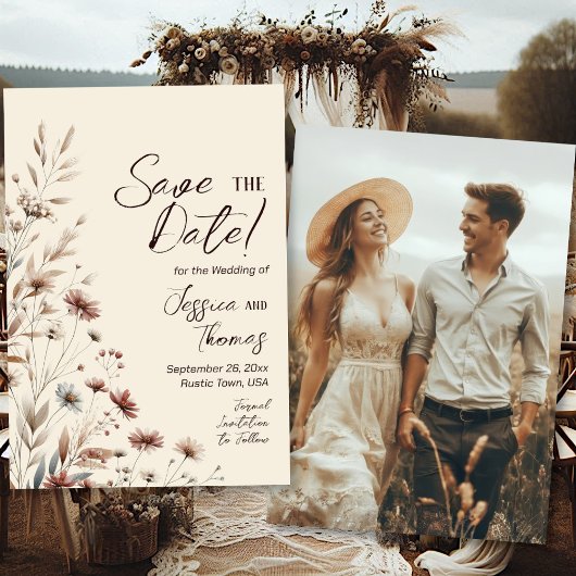 Rustieke Boho Chic Wilde Bloemen Foto Achterkant T Save The Date