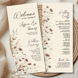 Rustieke Boho Chic Wildflowers Earthtone Wedding Programmakaart