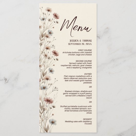 Rustieke Boho Chic Wildflowers Elegante bruiloft Menu (Voorkant)